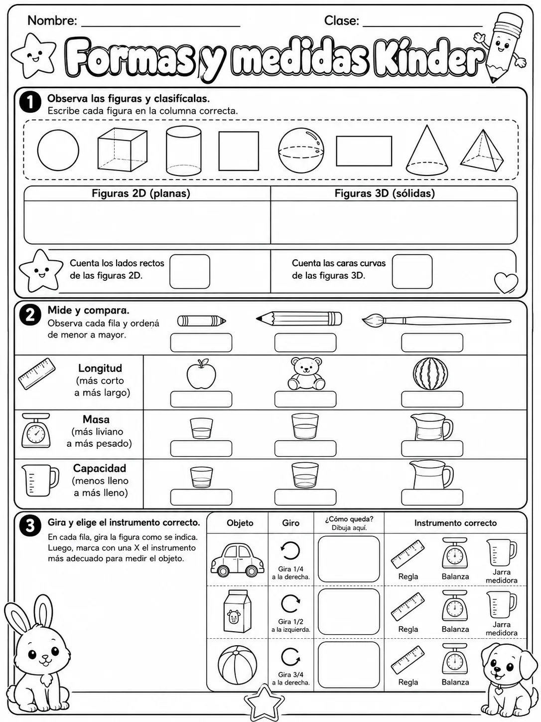 Kindergarten - medidas de longitud, masa y capacidad - Paquete de fichas página 10 vista previa imprimible