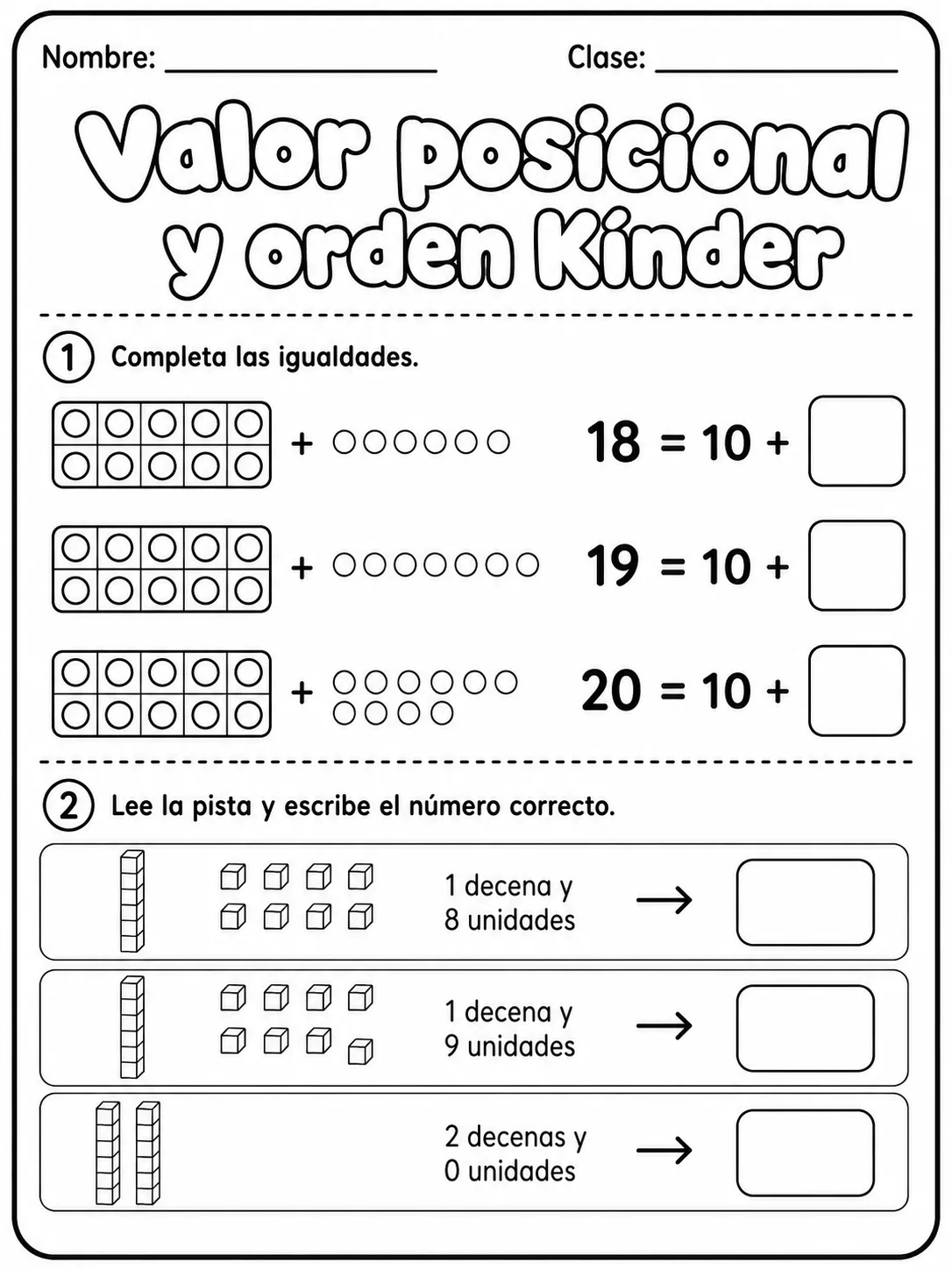 Kindergarten - valor posicional - Paquete de fichas página 4 vista previa imprimible