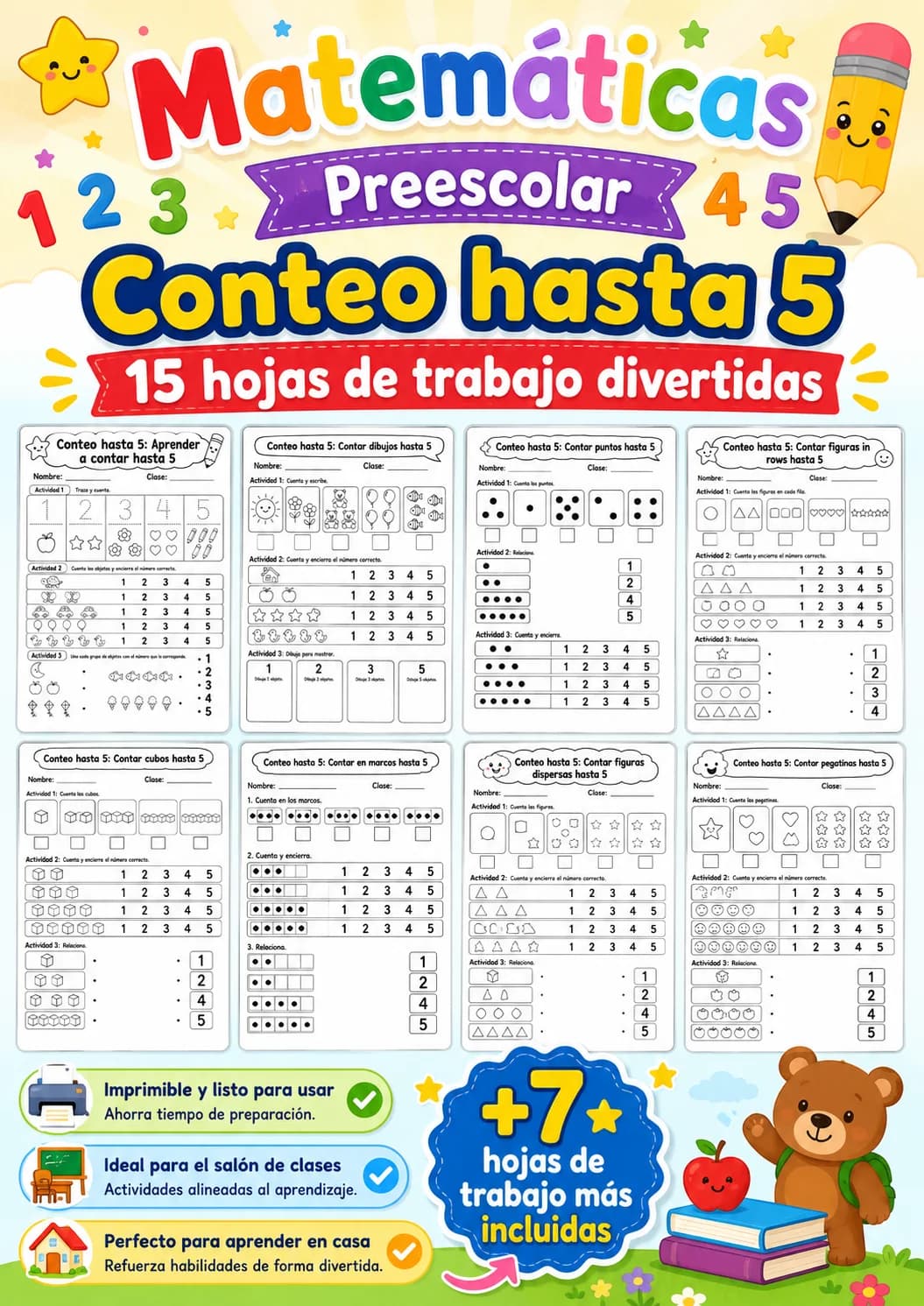 Conteo hasta 5 - paquete de fichas de matemáticas página 9 vista previa imprimible