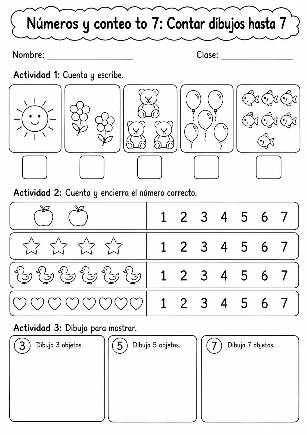 Números y conteo hasta 7 - paquete de fichas de matemáticas página 3 vista previa imprimible
