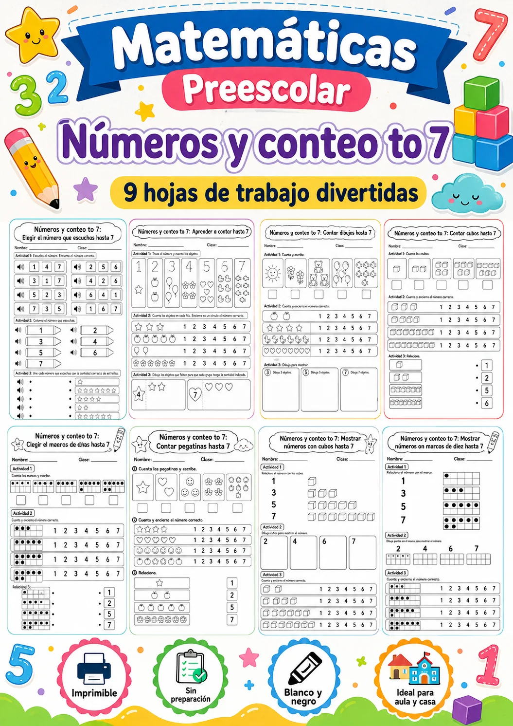 Números y conteo hasta 7 - paquete de fichas de matemáticas página 9 vista previa imprimible