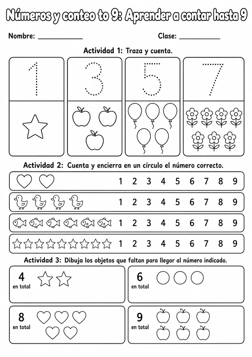 Números y conteo hasta 9 - paquete de fichas de matemáticas página 2 vista previa imprimible