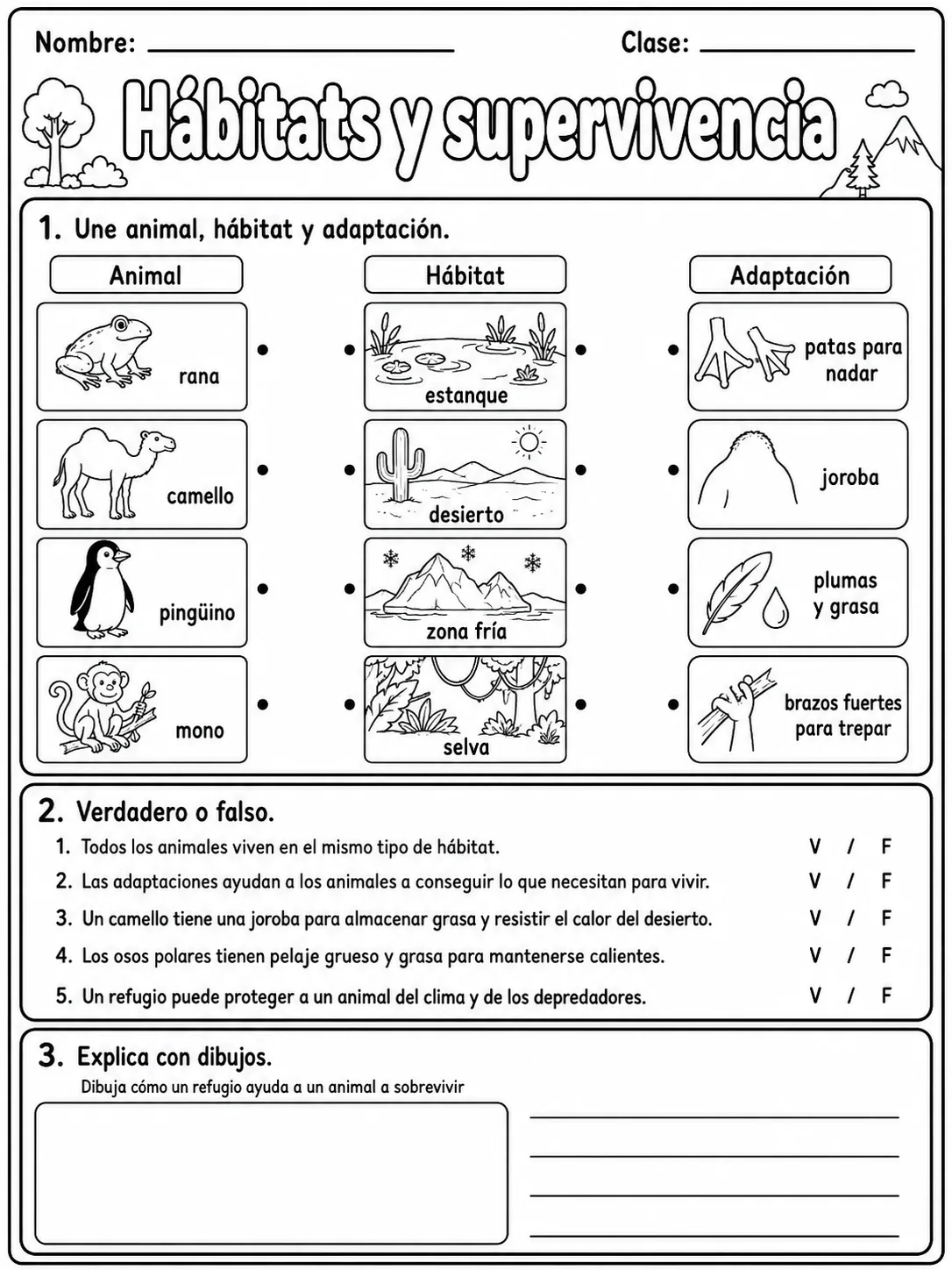 3.º grado - animales y hábitats - Paquete de fichas página 7 vista previa imprimible