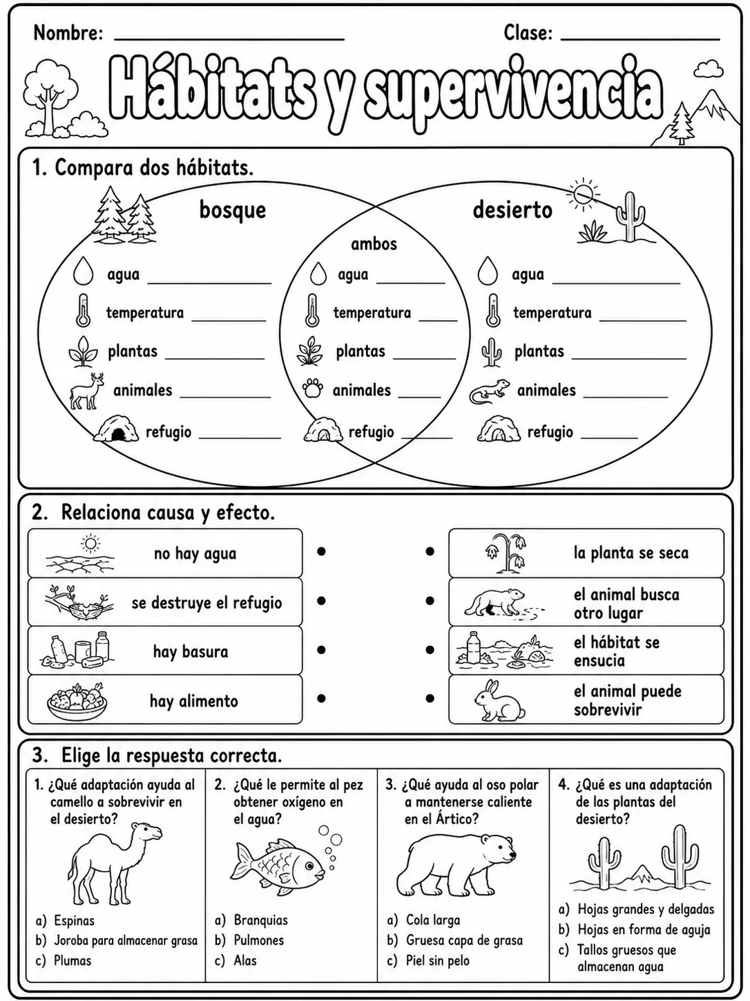 3.º grado - animales y hábitats - Paquete de fichas página 9 vista previa imprimible