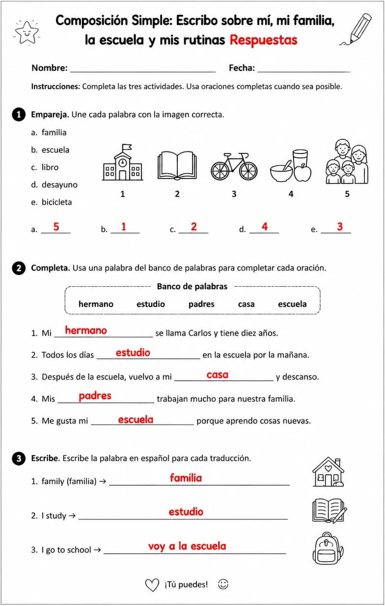Answer key for Escribir oraciones y párrafos cortos sobre uno mismo, la familia, la escuela y las rutinas. — free printable Spanish worksheet