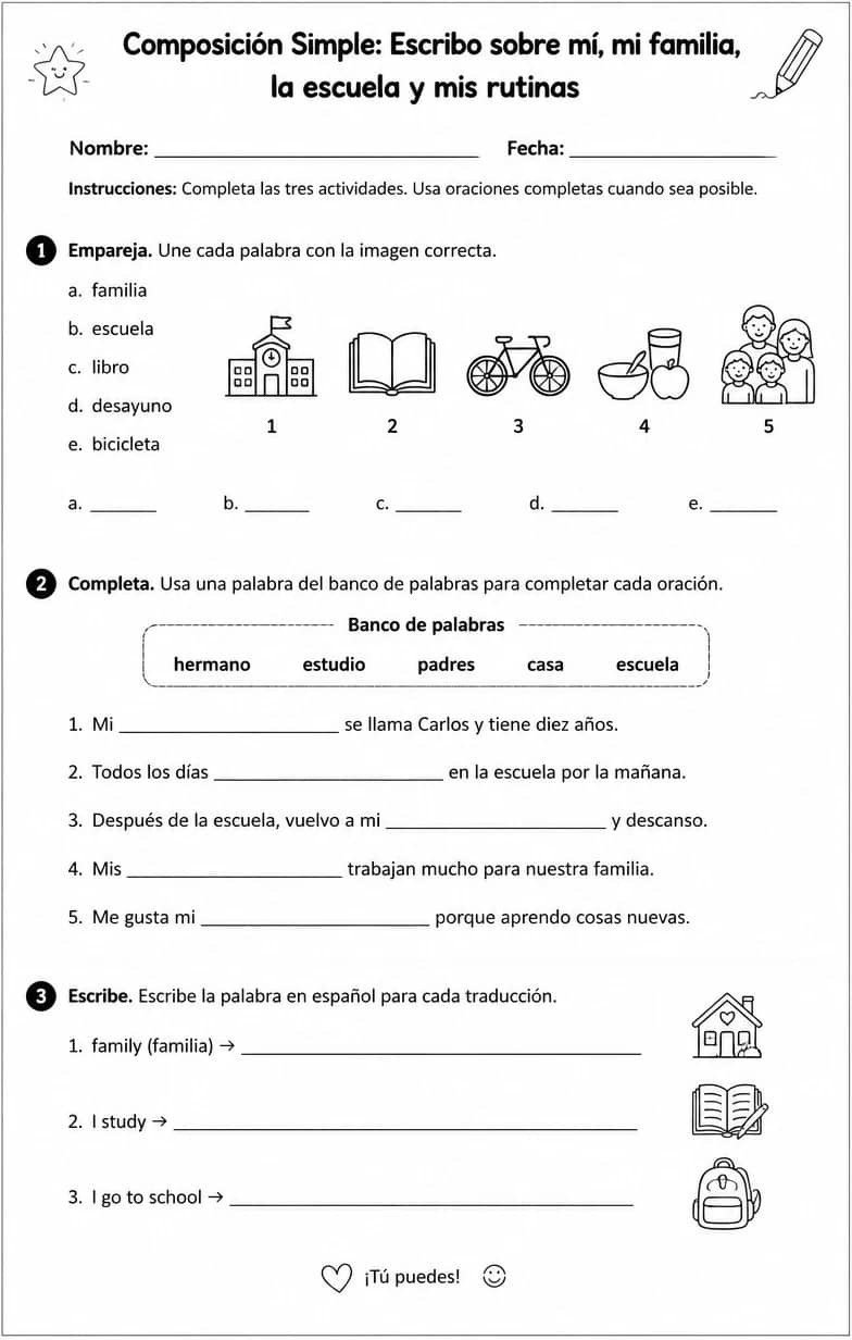 Escribir oraciones y párrafos cortos sobre uno mismo, la familia, la escuela y las rutinas. — free printable High School Spanish worksheet