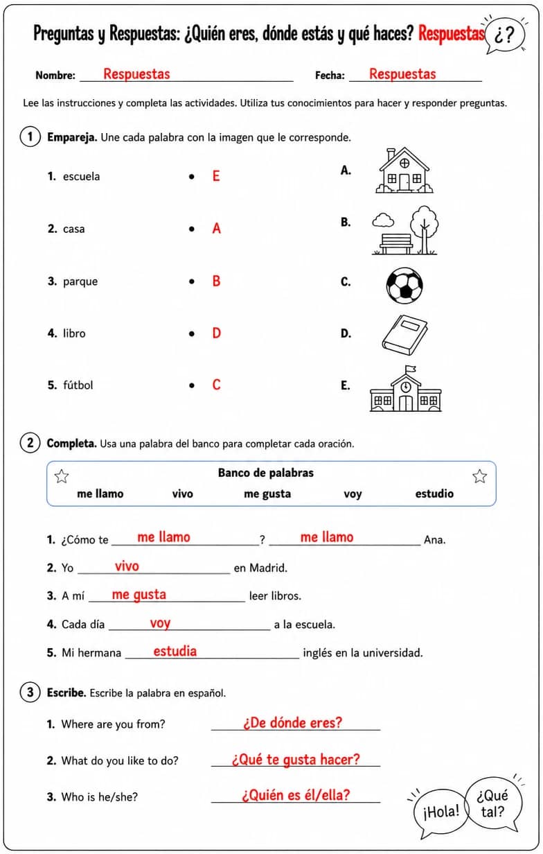 Answer key for Hacer y responder preguntas básicas sobre identidad, ubicación, preferencias y rutinas. — free printable Spanish worksheet