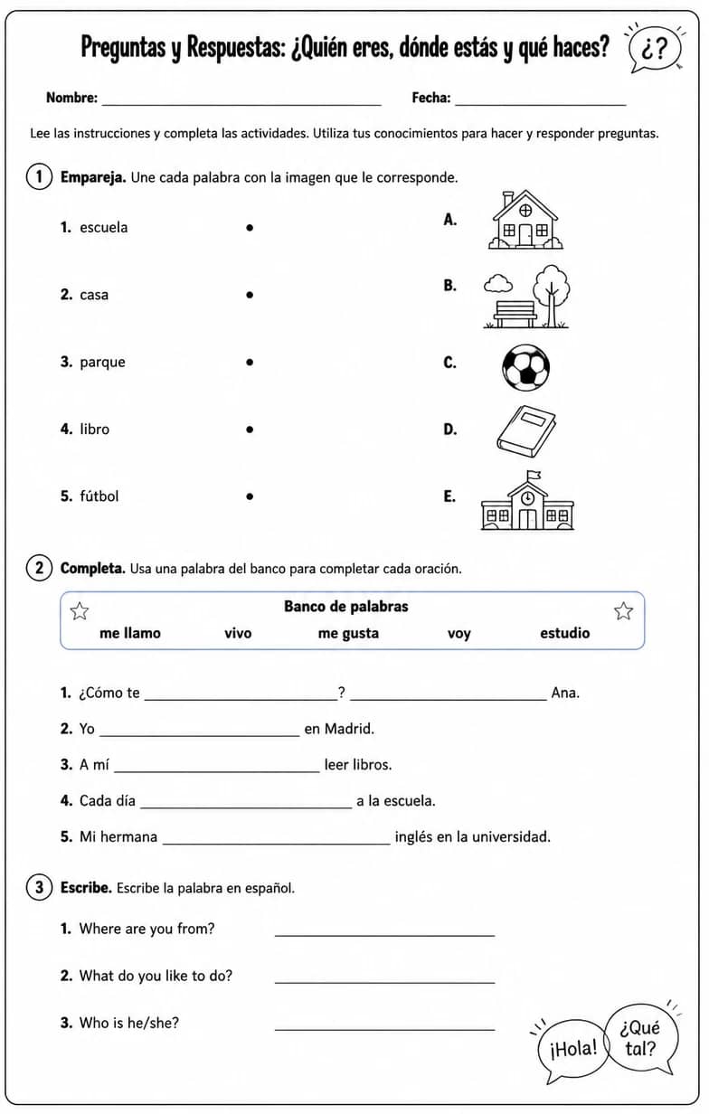 Hacer y responder preguntas básicas sobre identidad, ubicación, preferencias y rutinas. — free printable Middle School Spanish worksheet