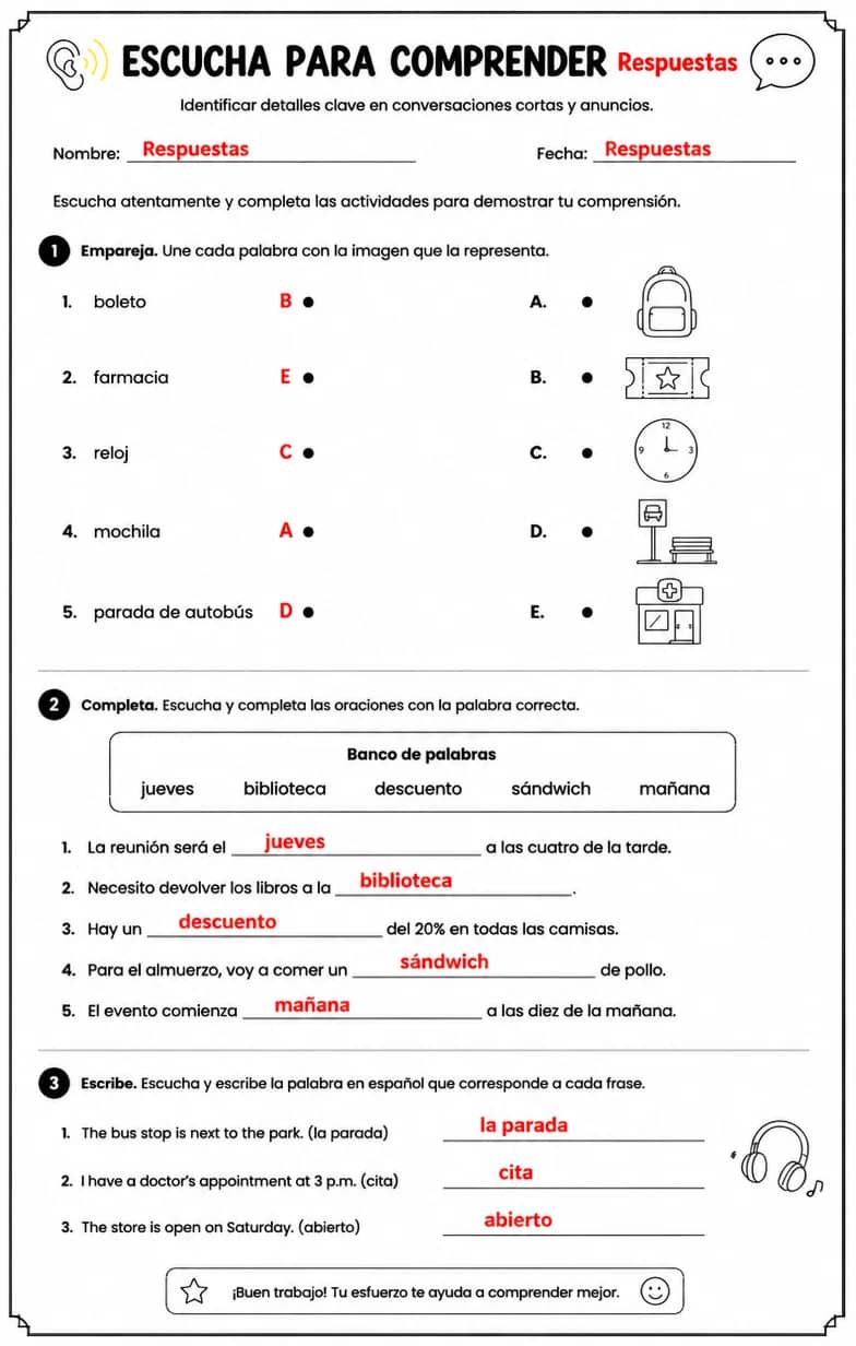 Answer key for Identificar detalles clave en conversaciones cortas y anuncios. — free printable Spanish worksheet