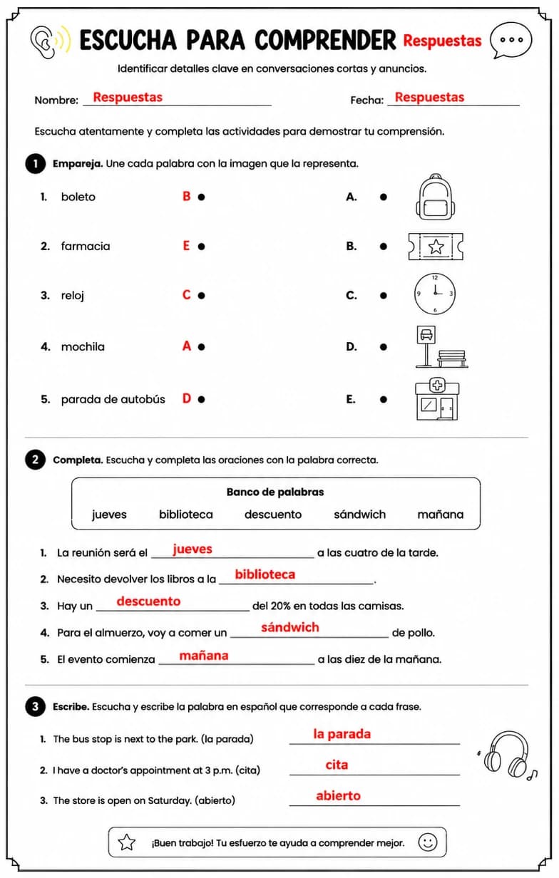 Answer key for Identificar detalles clave en conversaciones cortas y anuncios. — free printable Spanish worksheet