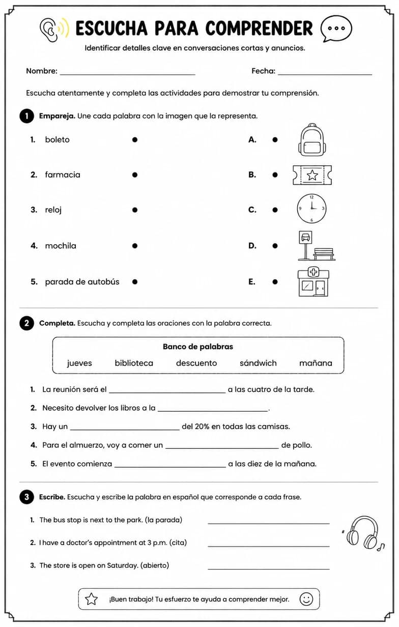 Identificar detalles clave en conversaciones cortas y anuncios. — free printable Middle School Spanish worksheet