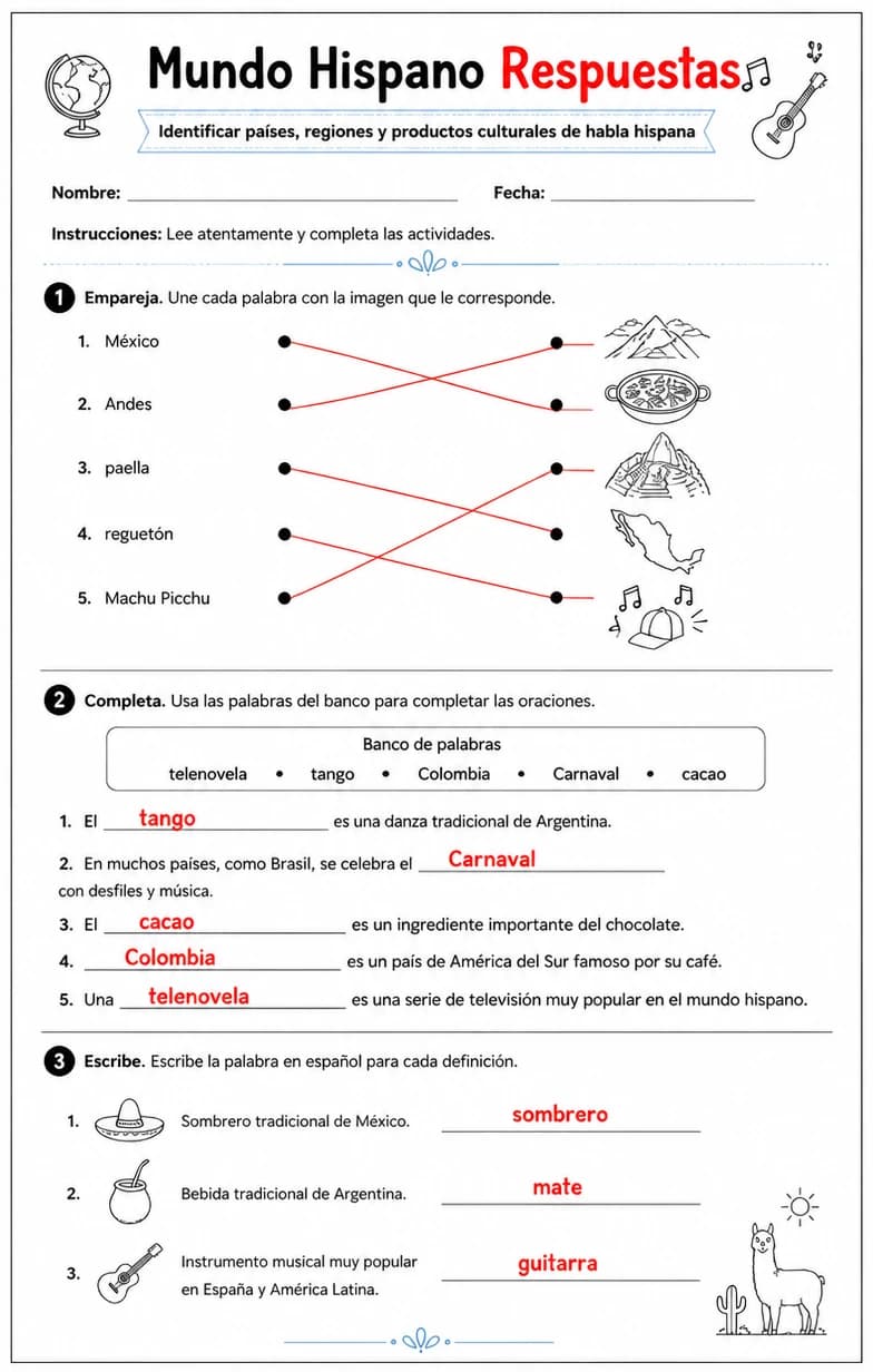 Answer key for Identificar países, regiones y productos culturales de habla hispana. — free printable Spanish worksheet