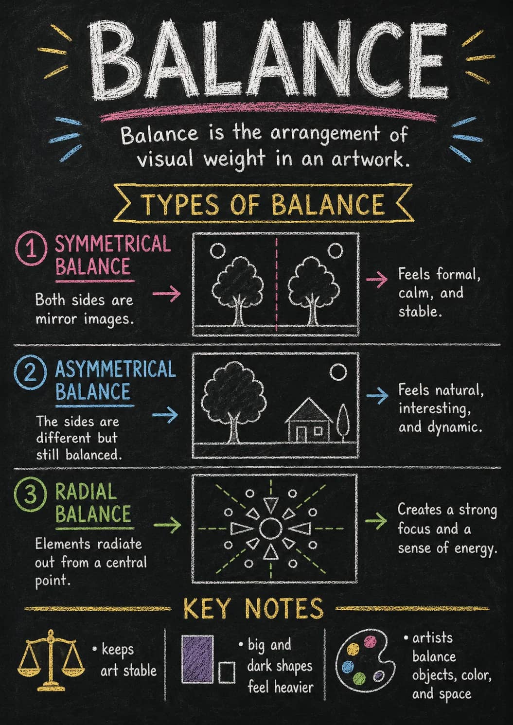 Balance infographic poster showing Balance is the arrangement of visual weight in an artwork., TYPES OF BALANCE, 1 SYMMETRICAL BALANCE,...