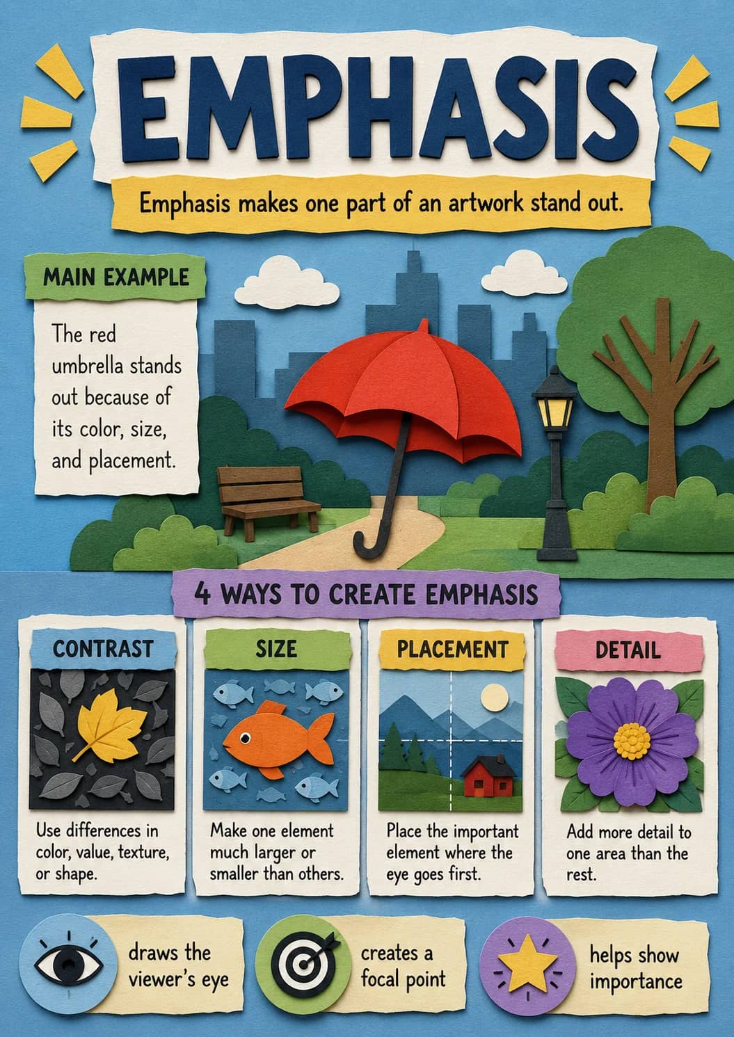 Emphasis infographic poster showing Emphasis makes one part of an artwork stand out., The red umbrella stands out because of its color,...
