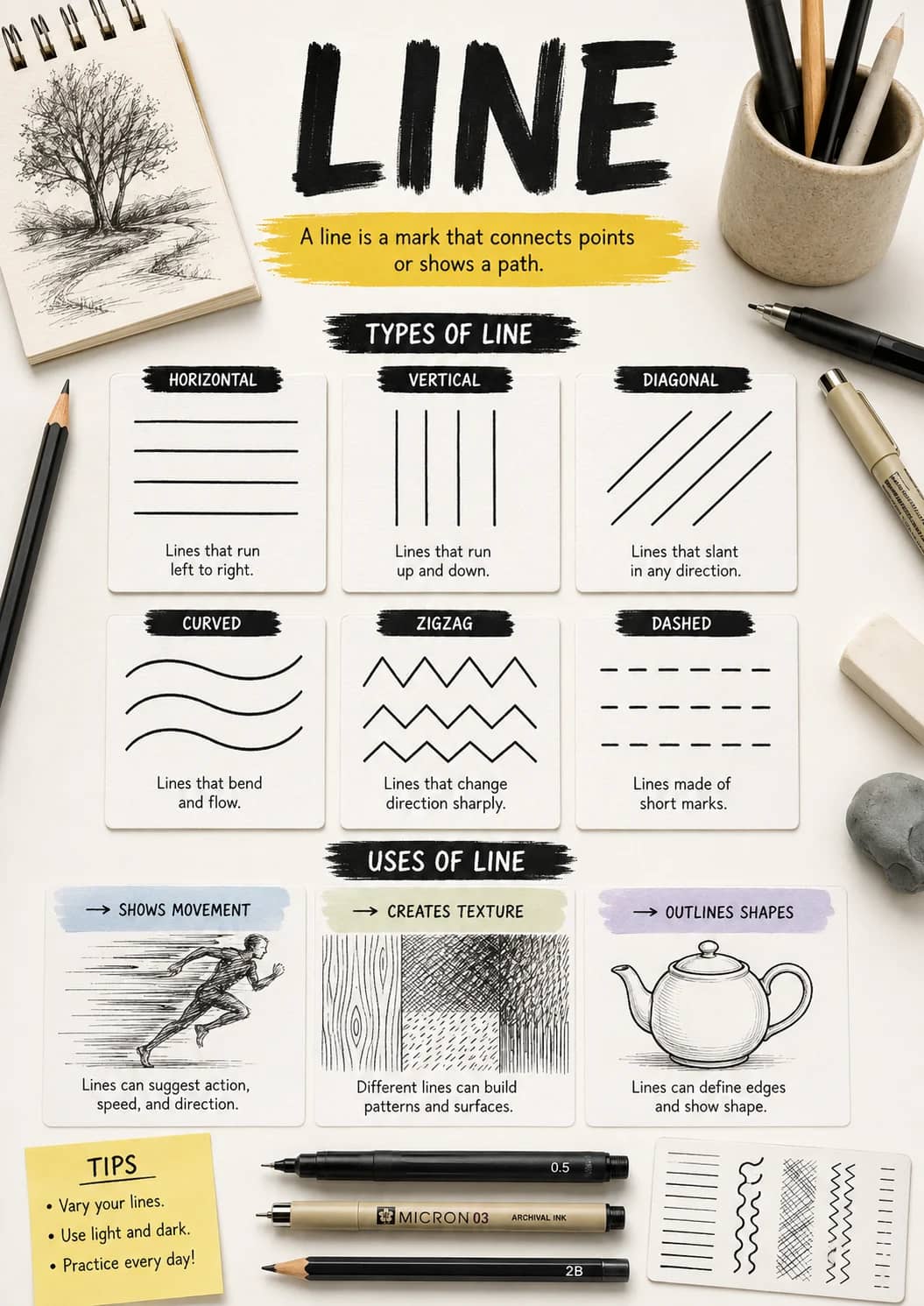 Line infographic poster showing A line is a mark that connects points or shows a path., TYPES OF LINE, HORIZONTAL, Lines that run left to...