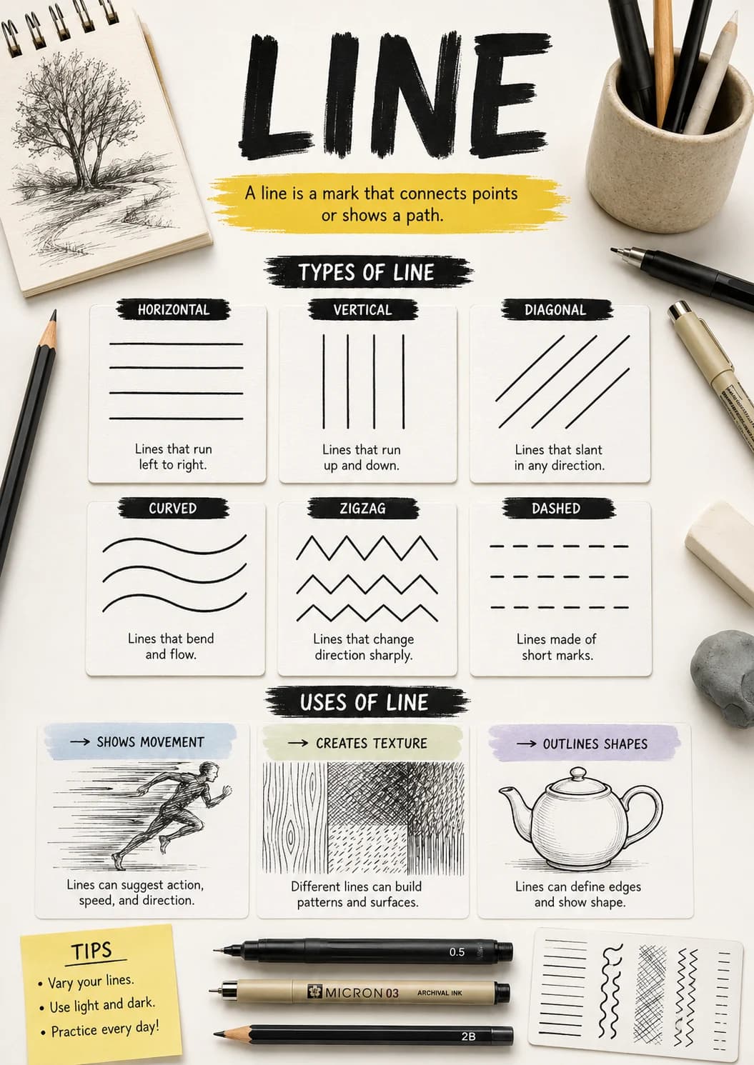 Line infographic poster with clear labels for Art Elements.