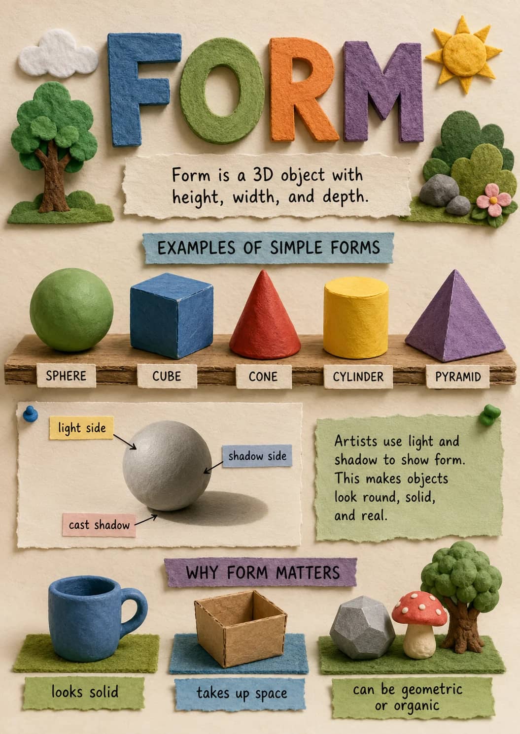Simple Forms infographic poster showing EXAMPLES OF SIMPLE FORMS, WHY FORM MATTERS, looks solid, takes up space and can be geometric or...