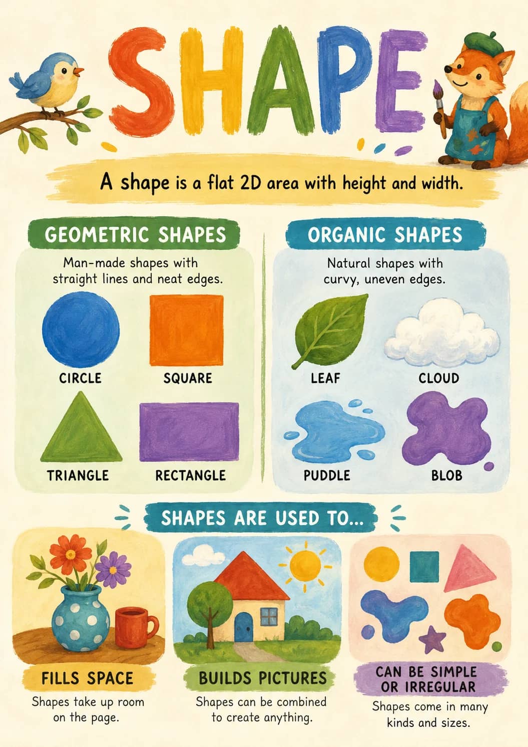 Space infographic poster showing A shape is a flat 2D area with height and width., GEOMETRIC SHAPES, Man-made shapes with straight lines...