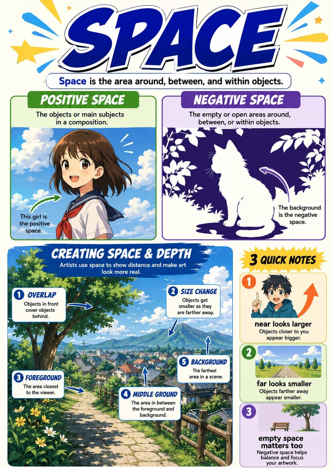 Space infographic poster showing Space is the area around, between, and within objects., POSITIVE SPACE, The objects or main subjects in a...