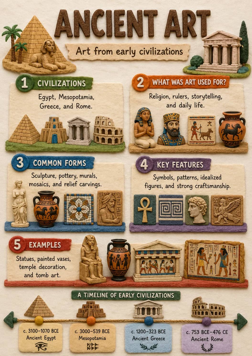 Ancient Art infographic poster showing Art from early civilizations, 1 CIVILIZATIONS, Egypt, Mesopotamia,, Greece, and Rome. and 3 COMMON...