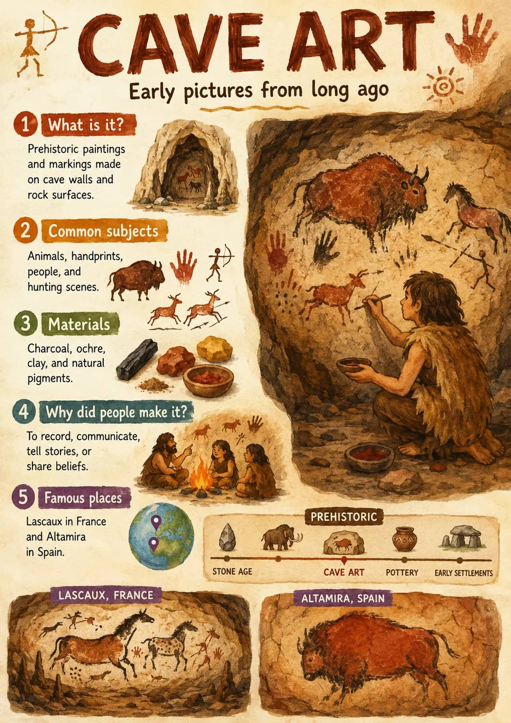 Cave Art infographic poster showing Early pictures from long ago, 1 What is it?, Prehistoric paintings and markings made on cave walls and...
