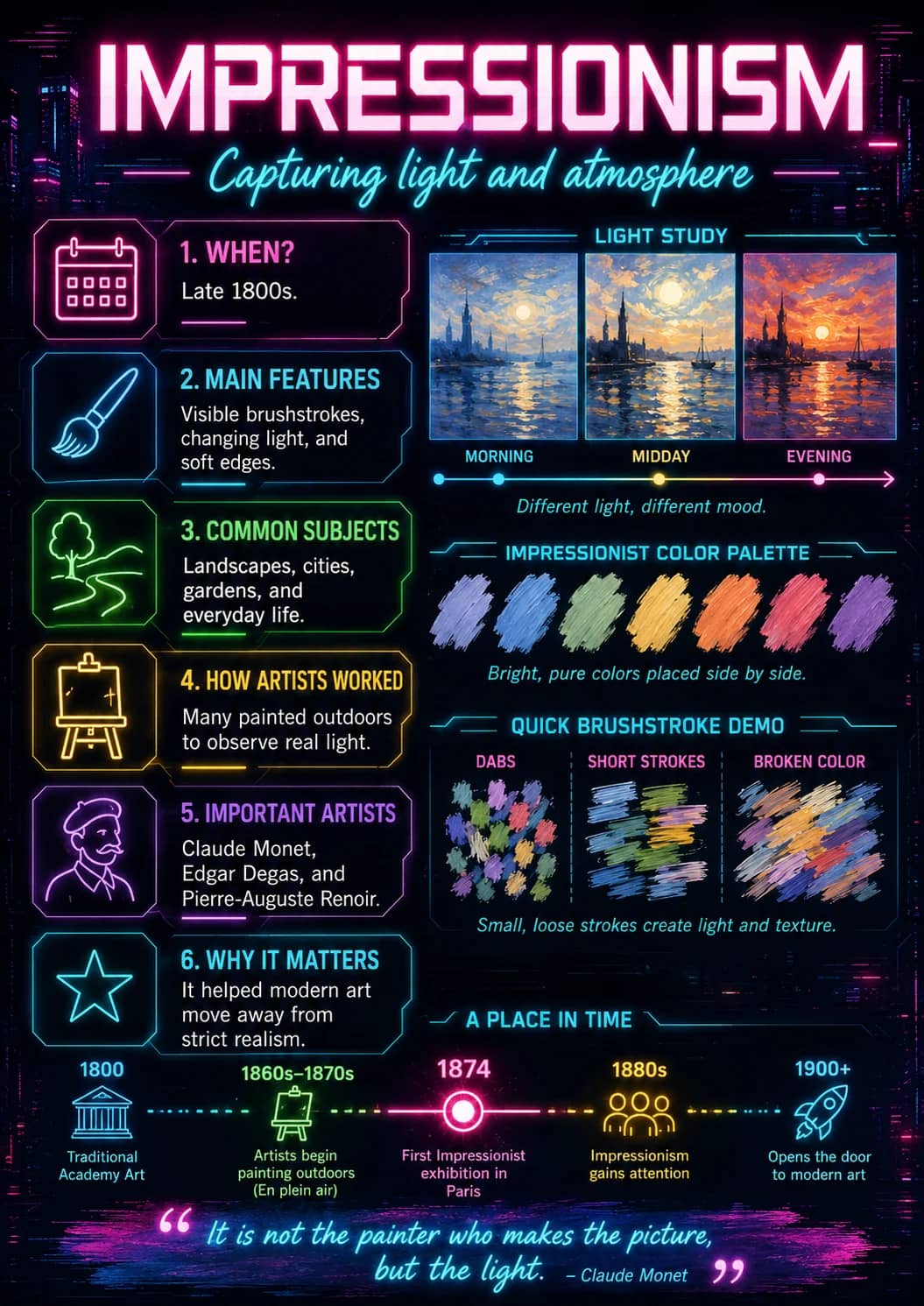Impressionism infographic poster showing Capturing light and atmosphere, 1. WHEN?, Late 1800s., 2. MAIN FEATURES and Visible brushstrokes,...