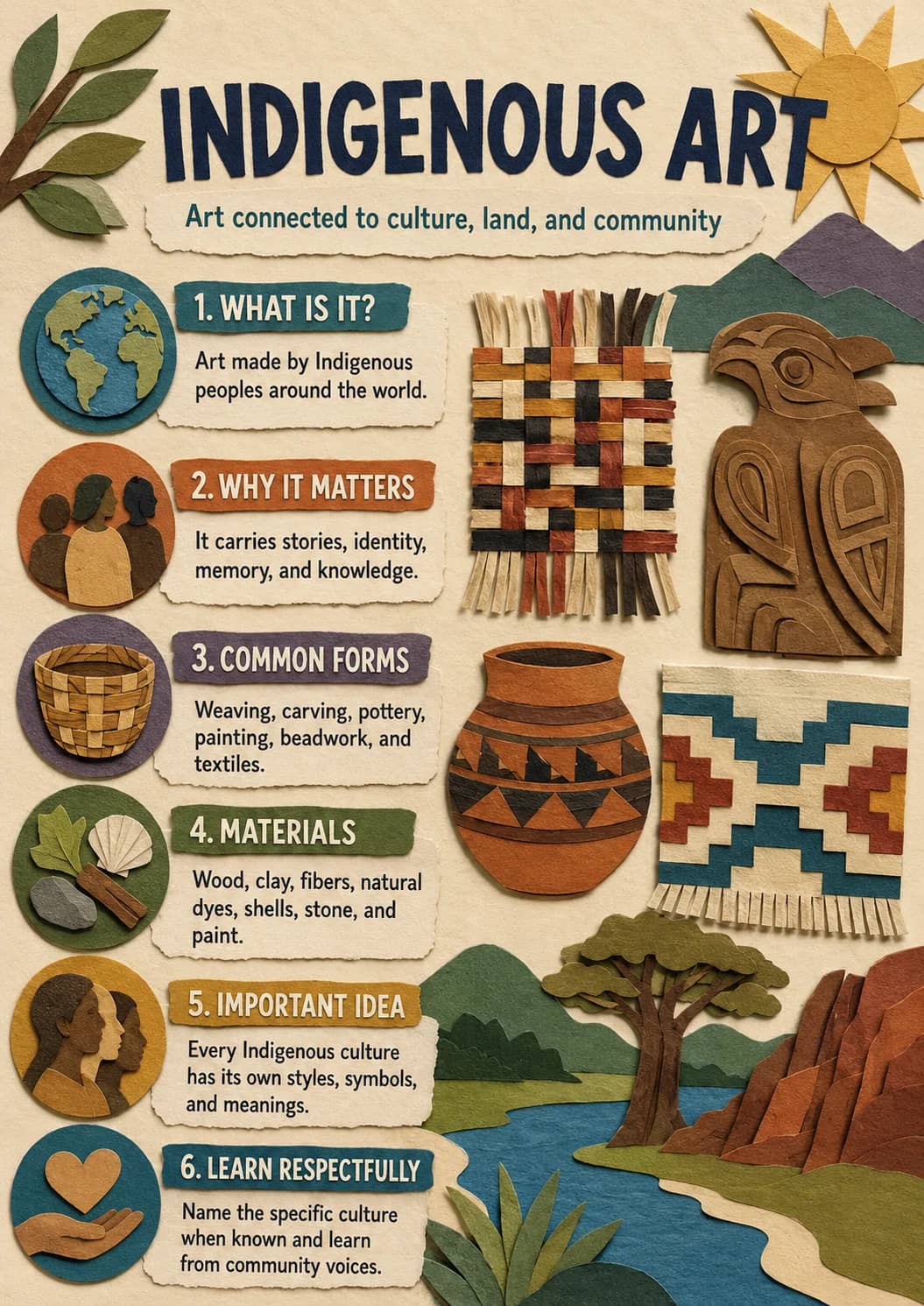 Indigenous Art infographic poster showing Art connected to culture, land, and community, 1. WHAT IS IT?, Art made by Indigenous peoples...