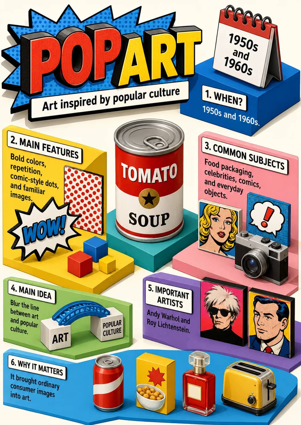 Popart infographic poster showing Art inspired by popular culture, 1950s and 1960s, 1. WHEN?, 1950s and 1960s. and 2. MAIN FEATURES for...