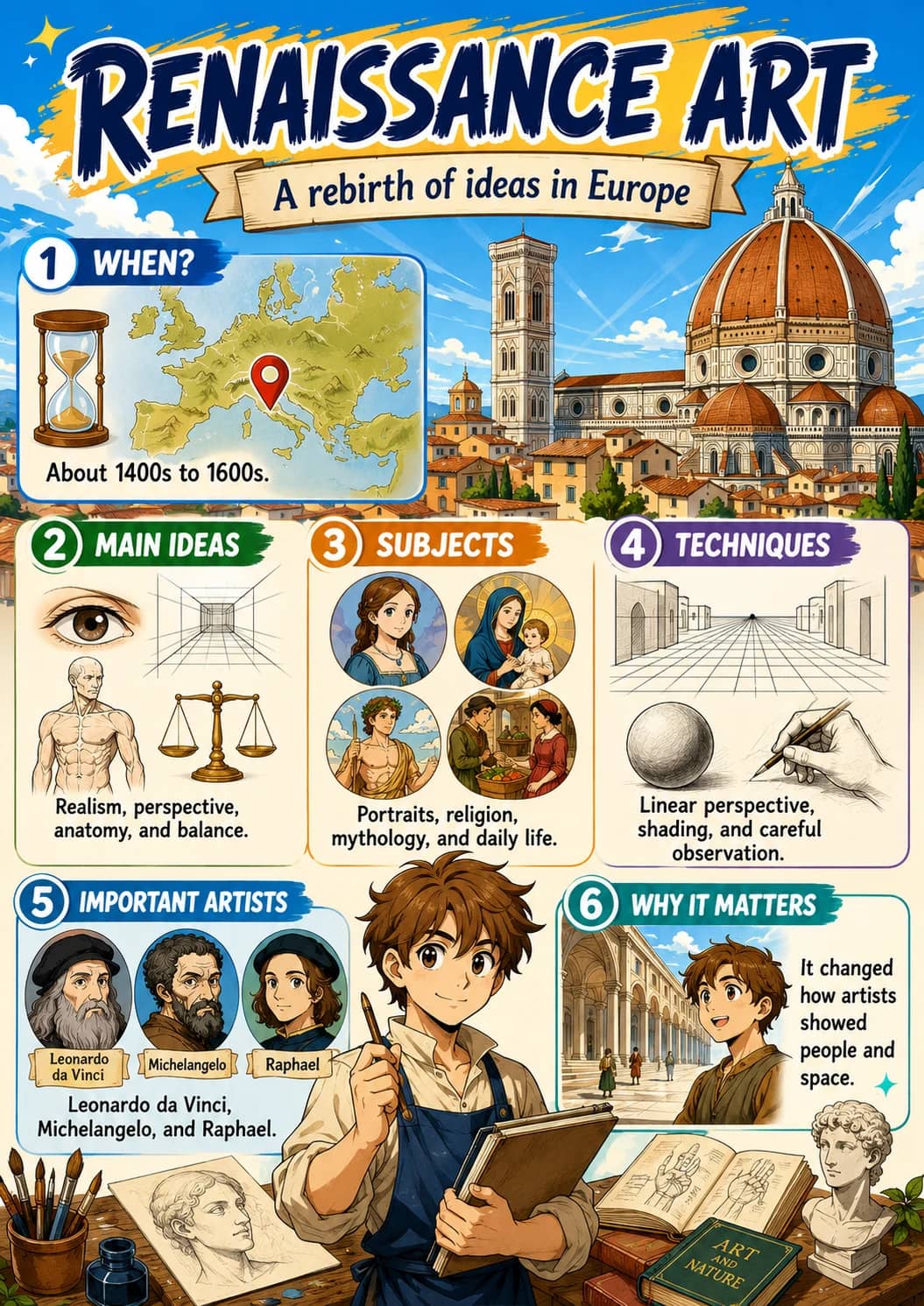Renaissance Art infographic poster showing A rebirth of ideas in Europe, 1 WHEN?, About 1400s to 1600s., 2 MAIN IDEAS and Realism,...