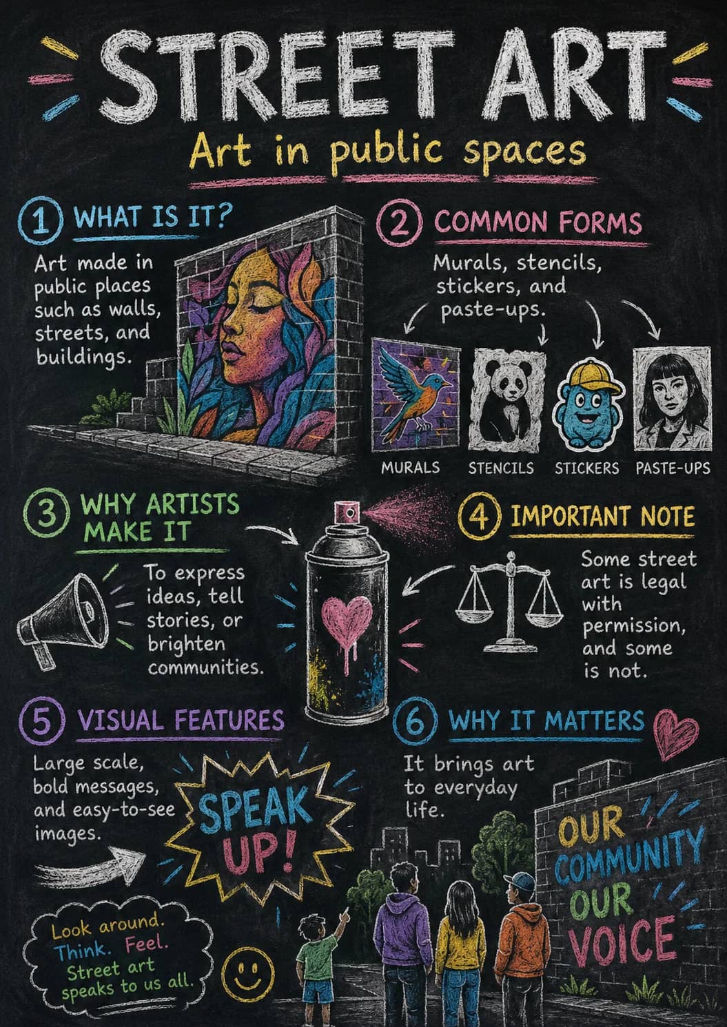 Street Art infographic poster showing Art in public spaces, 1 WHAT IS IT?, Art made in public places such as walls, streets, and...