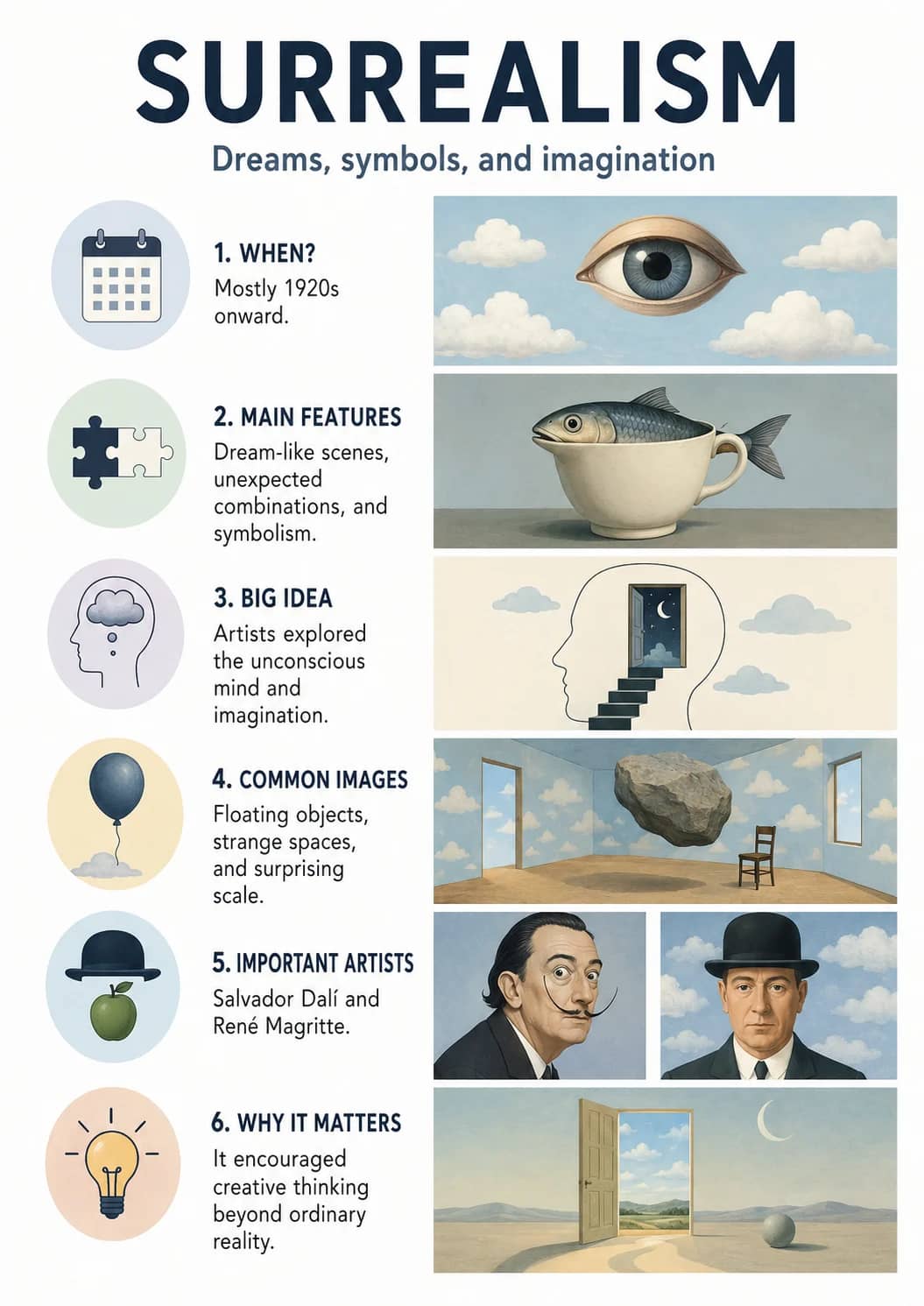 Surrealism infographic poster showing Dreams, symbols, and imagination, 1. WHEN?, Mostly 1920s onward., 2. MAIN FEATURES and Dream-like...