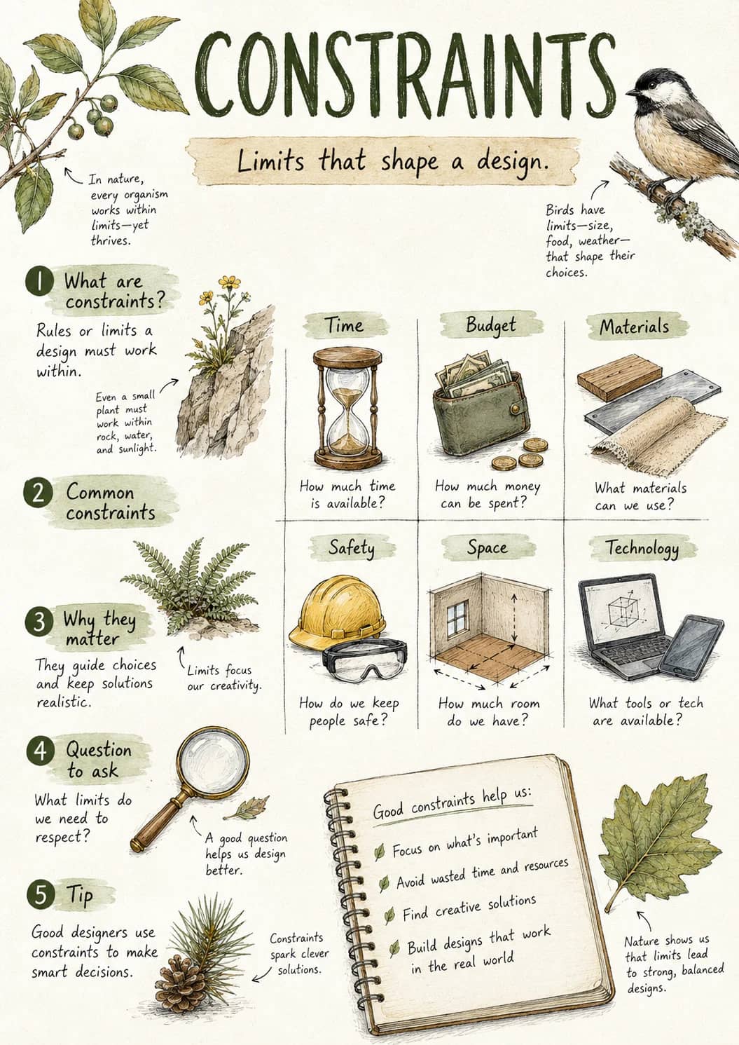 Constraints infographic poster showing Limits that shape a design., In nature,, every organism, works within and limits—yet for Design...