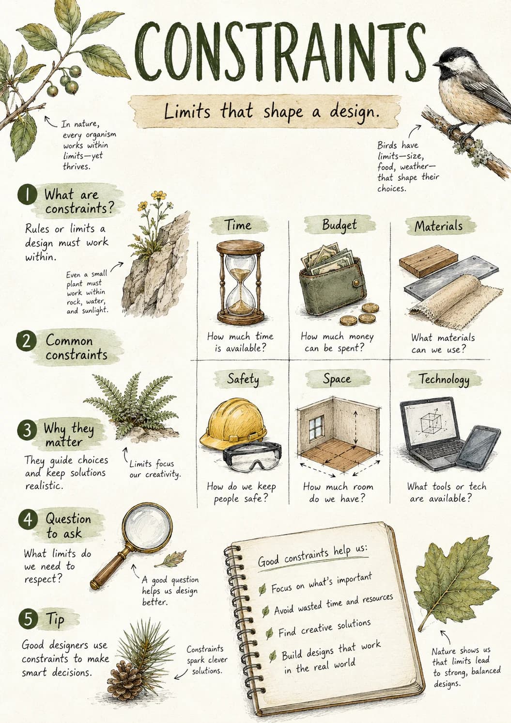 Constraints infographic poster with clear labels for Design Thinking.