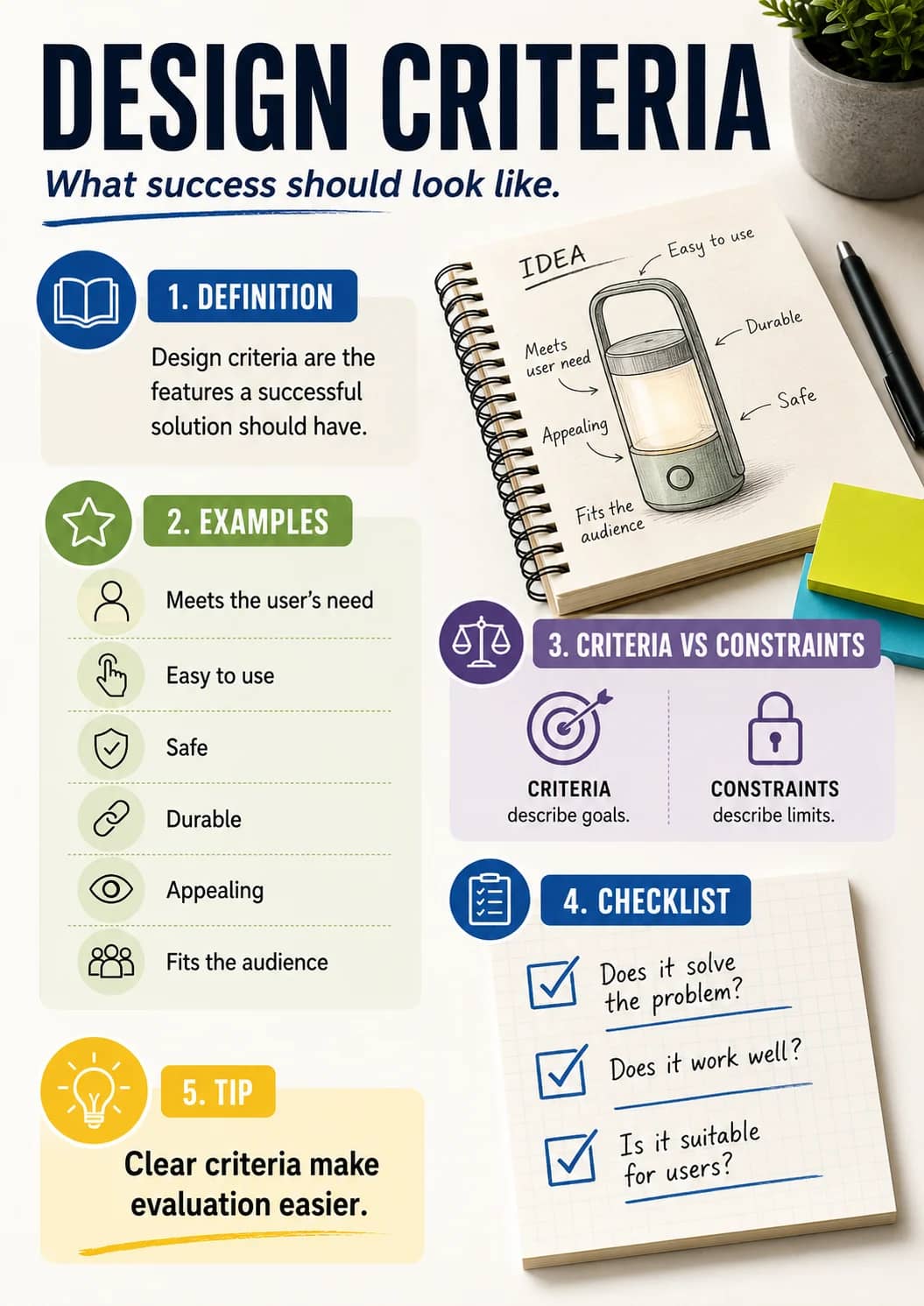 Design Criteria infographic poster showing What success should look like., 1. DEFINITION, Design criteria are the features a successful...