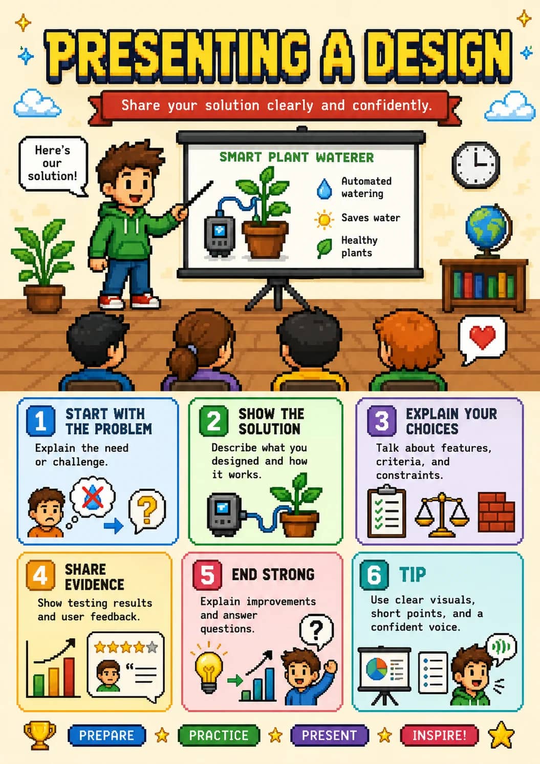 Show Testing Results and User Feedback. infographic poster showing PRESENTING A DESIGN, Share your solution clearly and confidently.,...