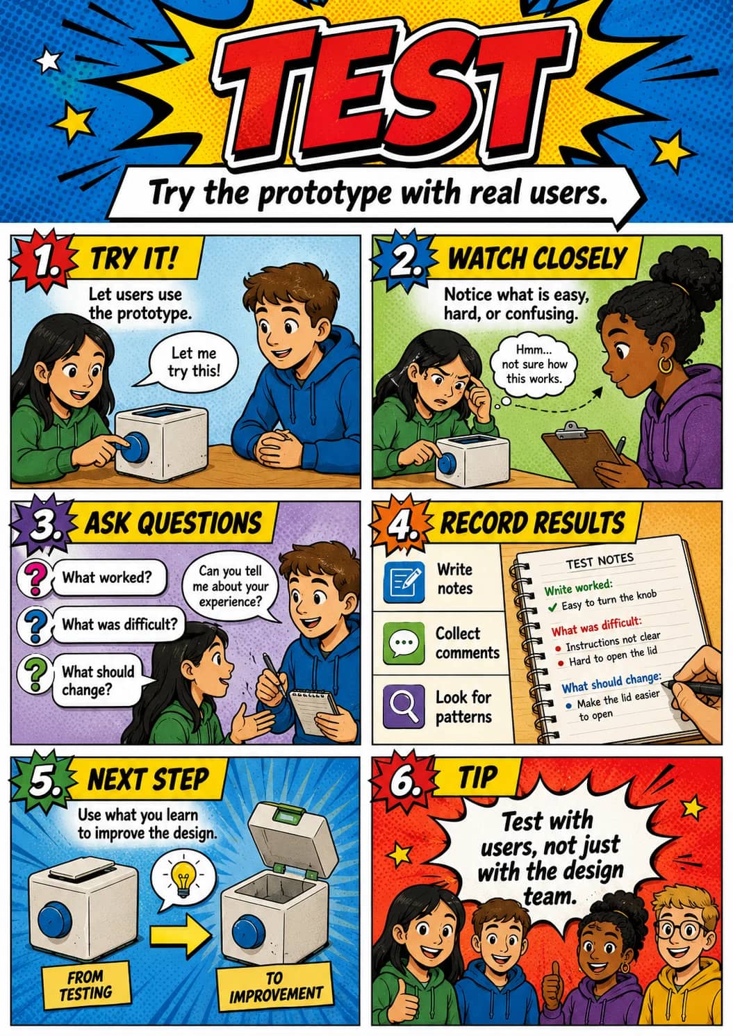 Test infographic poster showing Try the prototype with real users., 1. TRY IT!, Let users use the prototype., Let me try this! and 2....