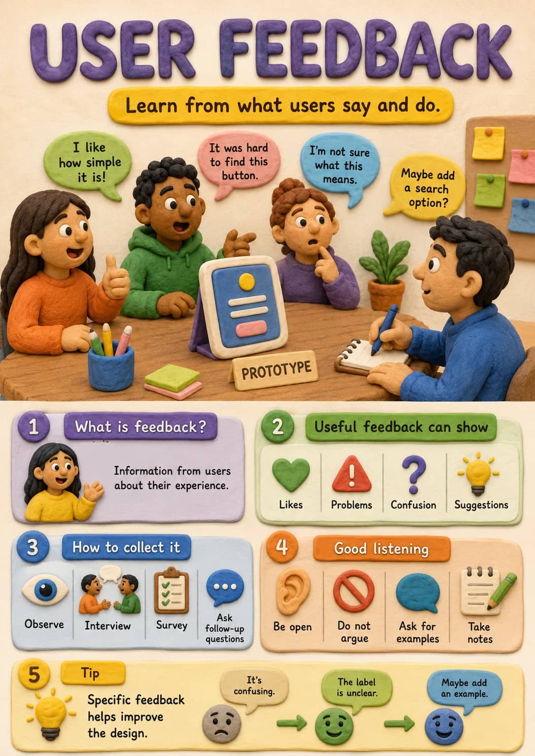 User Feedback infographic poster showing Learn from what users say and do., What is feedback?, Information from users about their...