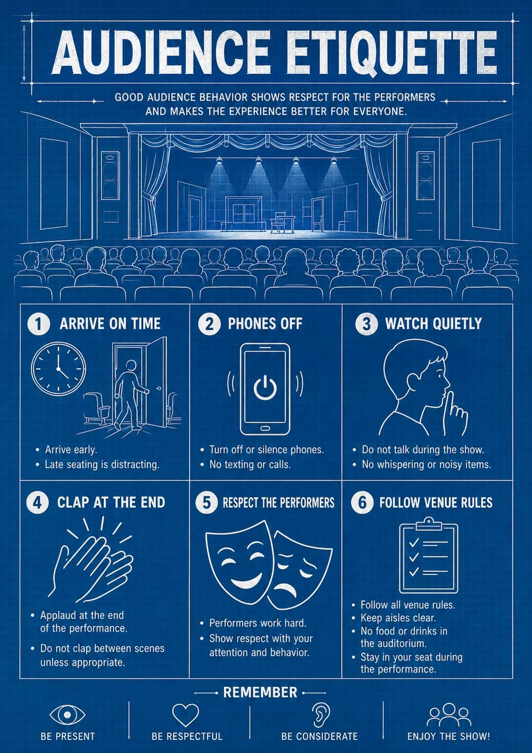 Audience Etiquette infographic poster showing 1 ARRIVE ON TIME, - Arrive early., - Late seating is distracting., 2 PHONES OFF and - Turn...