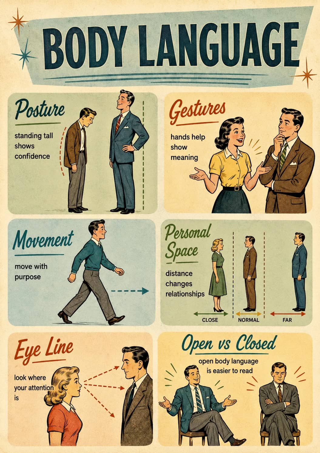 Body Language infographic poster showing Posture, standing tall, shows, confidence and Gestures for Drama.