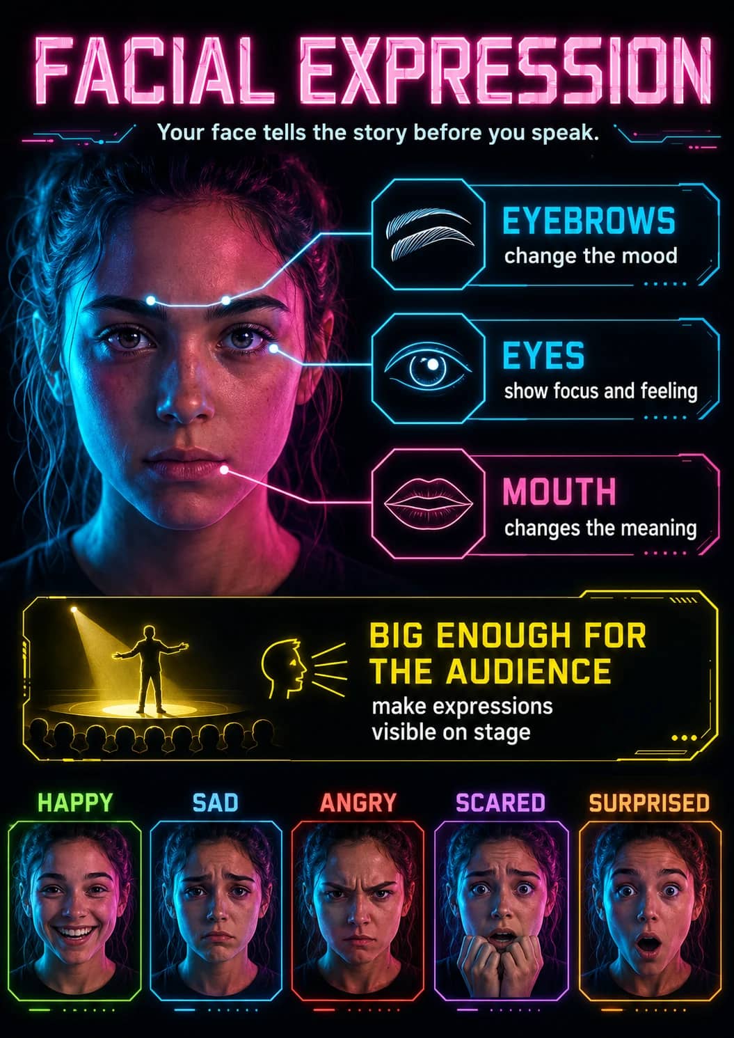 Facial Expression infographic poster showing Your face tells the story before you speak., EYEBROWS, change the mood, EYES and show focus...