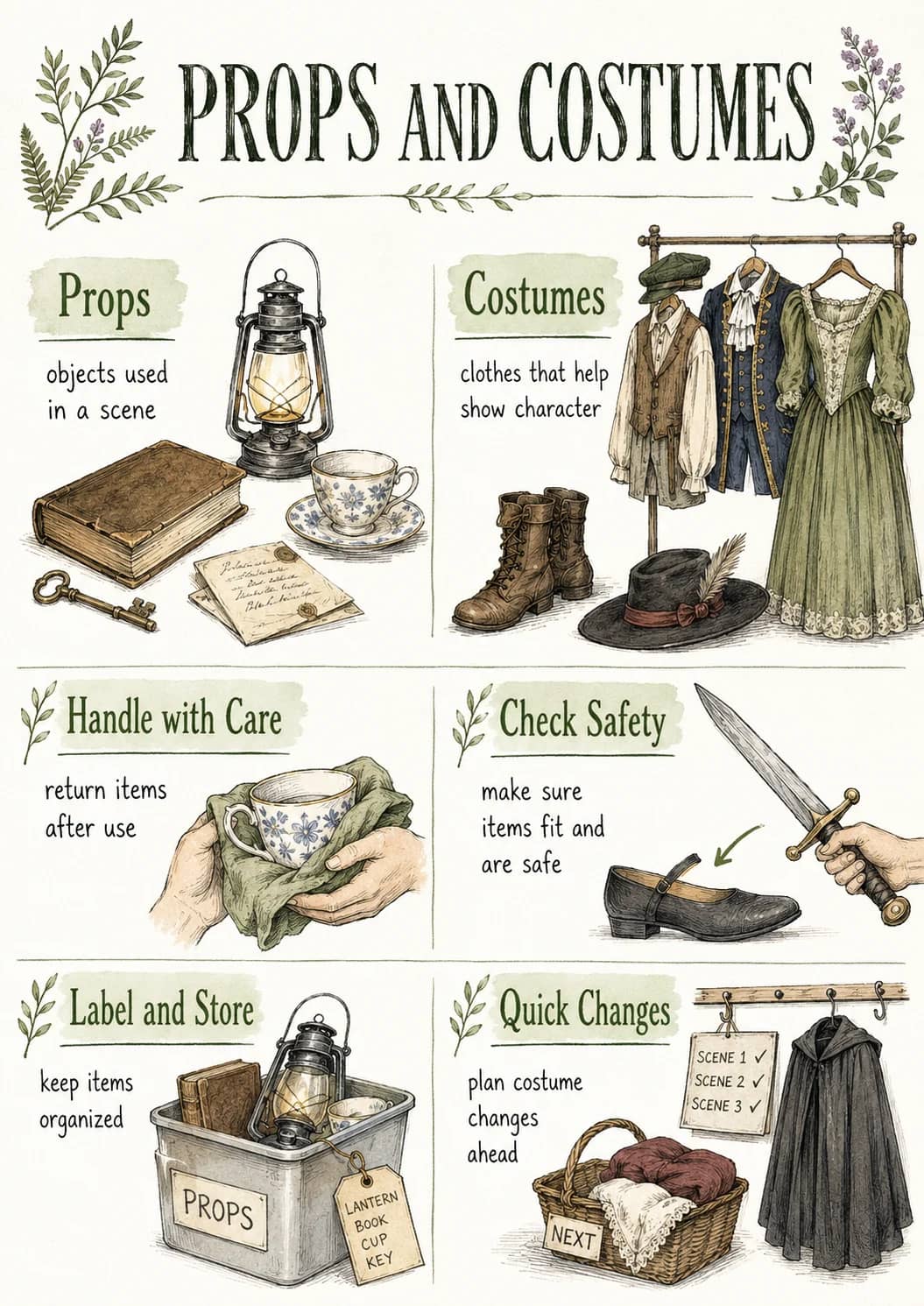 Props and Costumes infographic poster showing Props, objects used, in a scene, Costumes and clothes that help for Drama.
