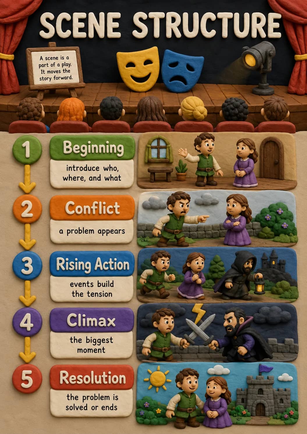 Scene Structure infographic poster showing A scene is a, part of a play., It moves the, story forward. and Beginning for Drama.