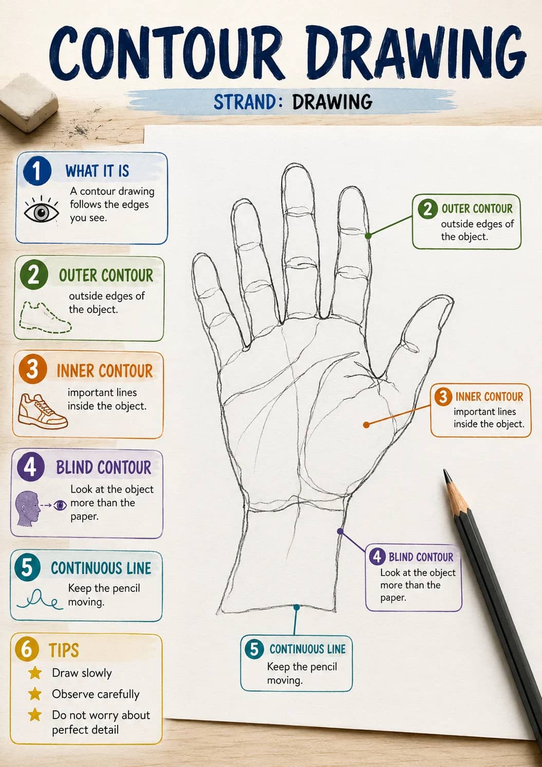 Contour Drawing infographic poster showing STRAND: DRAWING, WHAT IT IS, A contour drawing follows the edges you see., OUTER CONTOUR and...