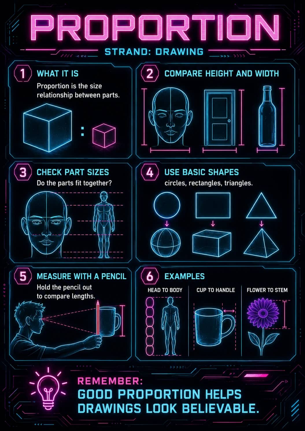 Proportion infographic poster showing STRAND: DRAWING, 1 WHAT IT IS, Proportion is the size relationship between parts., 2 COMPARE HEIGHT...
