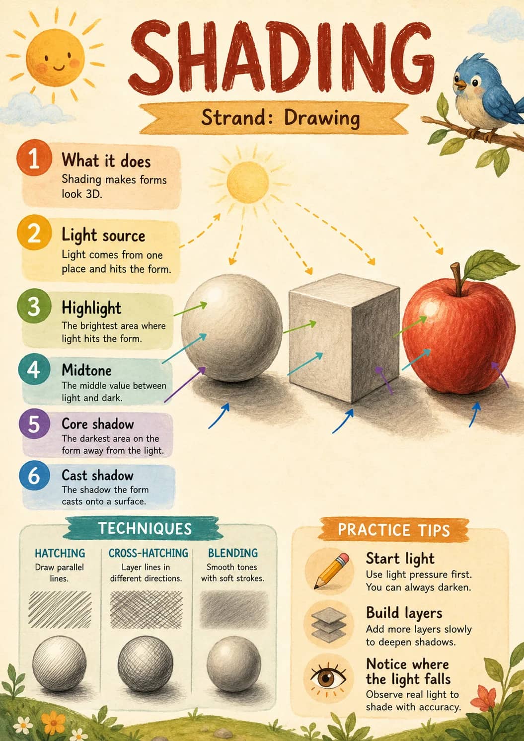 Shading infographic poster showing Strand: Drawing, 1. 1 What it does, Shading makes forms look 3D., 2. 2 Light source and Light comes...