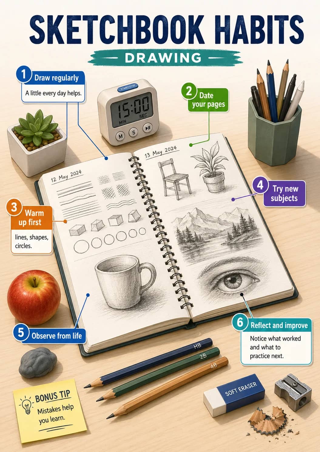 Sketchbook habits infographic poster showing SKETCHBOOK HABITS and DRAWING for Drawing.