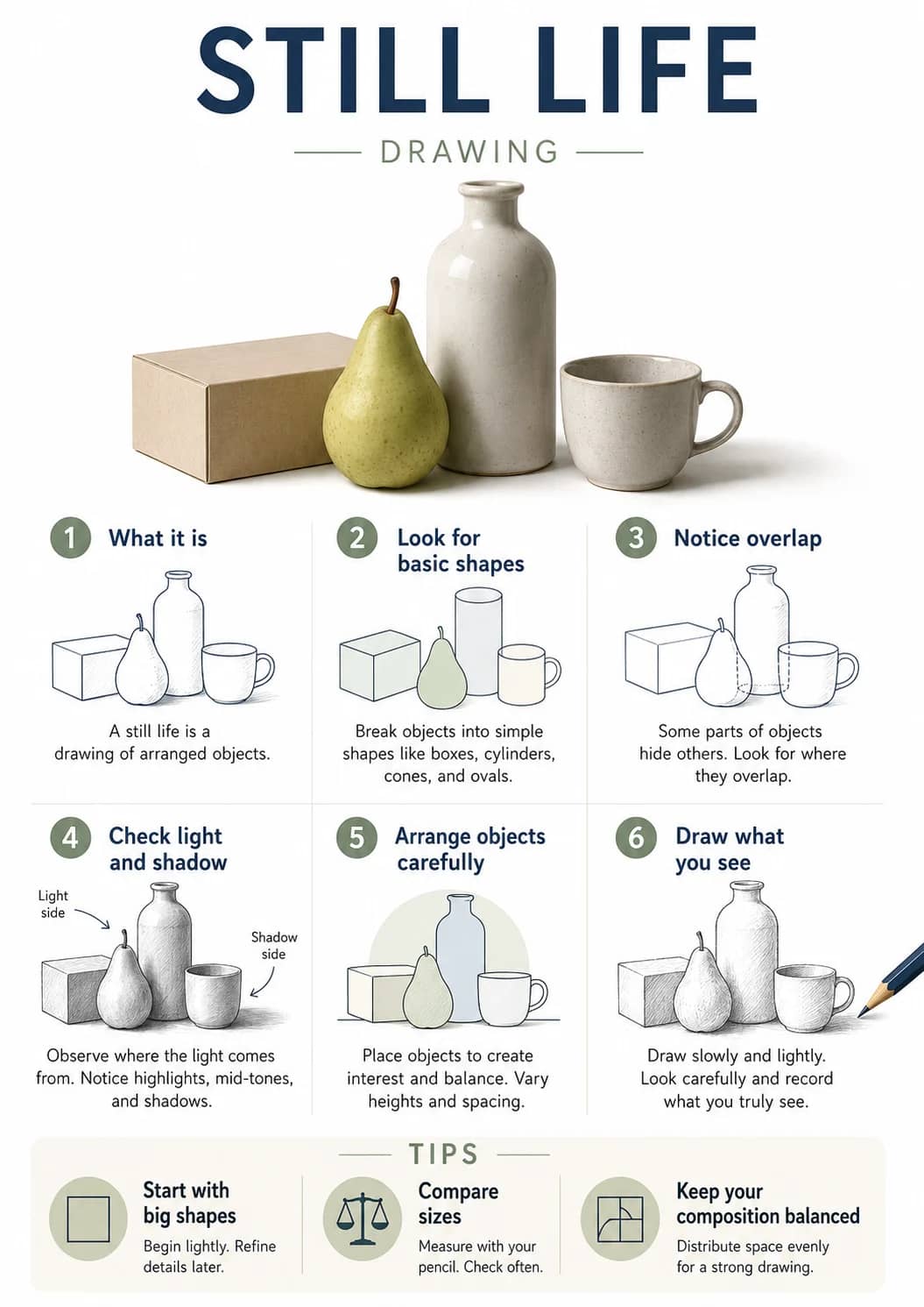 Still life infographic poster showing — DRAWING —, 1 What it is, A still life is a drawing of arranged objects., 2 Look for basic shapes...