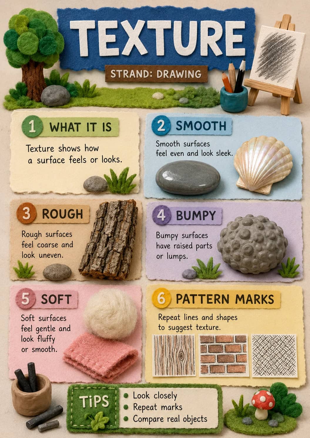 Texture infographic poster showing STRAND: DRAWING, 1 WHAT IT IS, Texture shows how, a surface feels or looks. and 2 SMOOTH for Drawing.