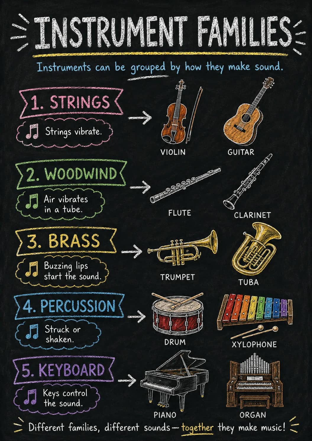 Instrument Families infographic poster showing Instruments can be grouped by how they make sound., 1. STRINGS, π Strings vibrate., VIOLIN...