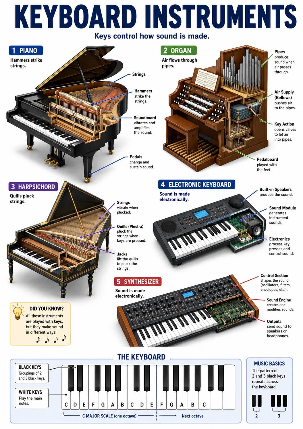 Keyboard Instruments infographic poster showing Keys control how sound is made., 1 PIANO, Hammers strike strings., 2 ORGAN and Air flows...